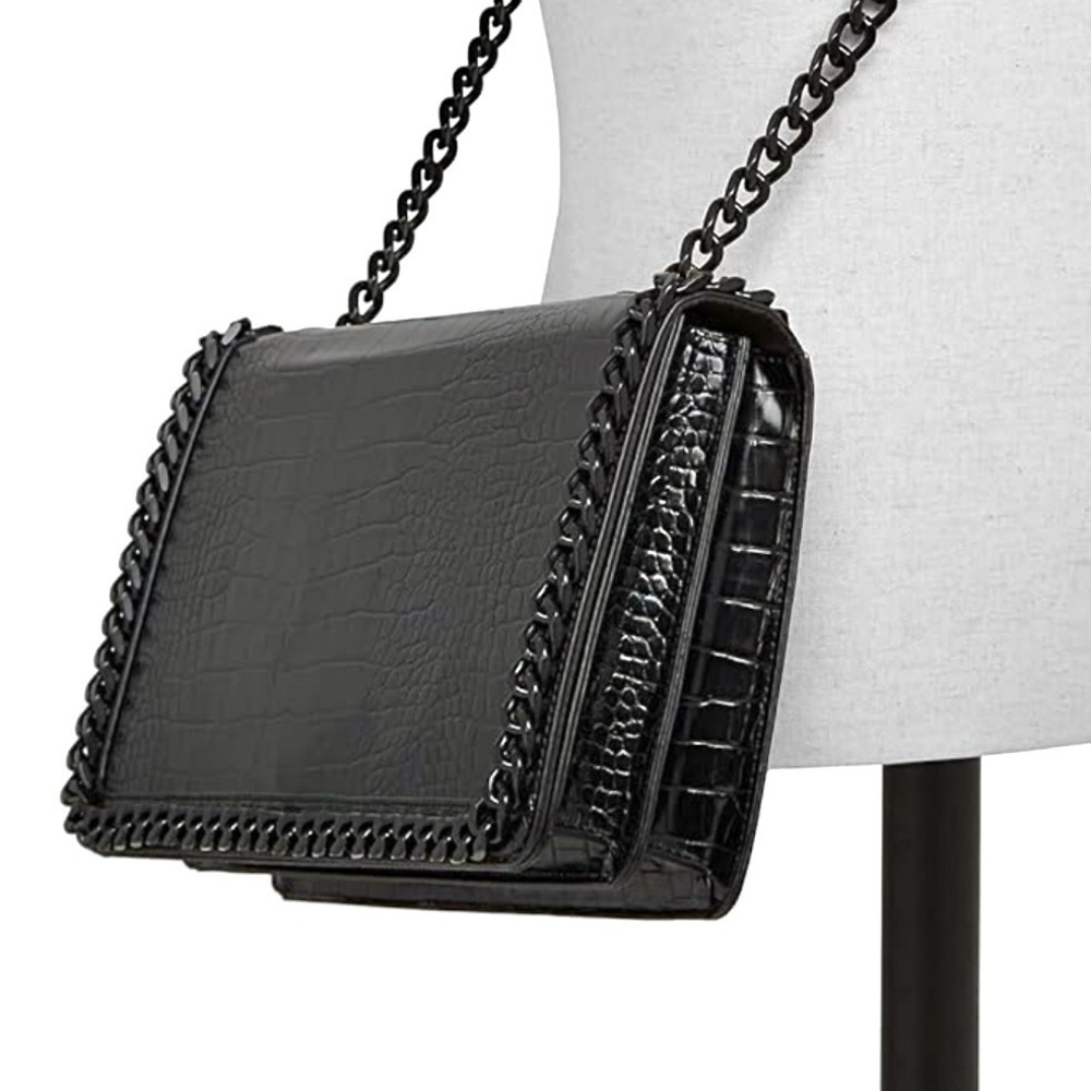 Aldo Black Crocodile Embossed Black Metal Chain Crossbody Bag and Handbag NWOT - Picture 2 of 11